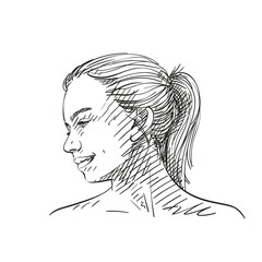 Canvas Print - Face of young teenage girl in profile with long hair in ponytail, Hand drawn illustration with hatched shades isolated on white background, Vector sketch