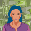 Ilustracja portret młoda dziewczyna z niebieskimi włosami na tle barwnych plam
