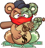 Fototapeta Dinusie - Cartoon angry Teddy bear holding a baseball bat and keeping a big bag on money. Vector clip art illustration with simple gradients. All on a single layer.
