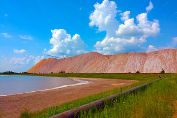 View of the large production mountains of waste ore. Extraction of salt and other minerals.