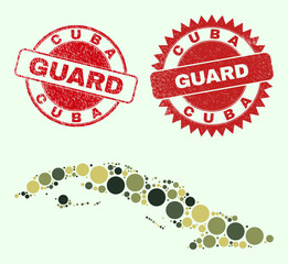 Sticker - Vector round elements combination Cuba map in camouflage hues, and corroded stamp imitations for guard and military services. Round red watermarks have word GUARD inside.