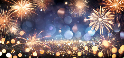 Wall Mural - Celebration Anniversary - Golden Fireworks In Blue Night With Glitter - Abstract Defocused Texture