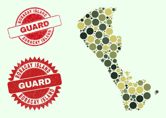 Canvas Print - Vector round items collage Boracay Island map in khaki colors, and textured stamp imitations for guard and military services. Round red stamps have word GUARD inside.