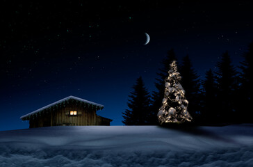 Poster - Beleuchteter Weihnachtsbaum und Holzhütte  in schneebedckter Landschaft bei Nacht