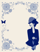 Ornamental Frame Of Flowers And Elegant Victorian Lady. Vintage Style Storybook Cover. Mediterranean Style Vintage Tile