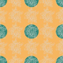 Seamless Geometric Pattern With Circles, Ovals And Lines. Green, White Colors. Yellow Background.  Illustration. Designed For Textile Fabrics, Wrapping Paper, Background, Wallpaper, Cover.
