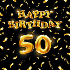 Wall Mural - Golden number fifty years metallic balloon. Happy Birthday message made of golden inflatable balloon. 50 number etters on black background. fly gold ribbons with confetti. vector illustration