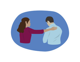 Psychological support and between man and women. Communication, kindness and consolation illustration. Flat vector illustration.