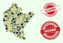 Vector Round Elements Mosaic Podkarpackie Voivodeship Map In Khaki Colors, And Textured Stamps For Guard And Military Services. Round Red Watermarks Include Phrase GUARD Inside.