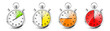 Realistic classic stopwatch icons. Shiny metal chronometer, time counter with dial. Red countdown timer showing minutes and seconds. Time measurement for sport, start and finish. Vector illustration