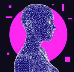 Wall Mural - 3d low poly wireframe model of a human head made of triangular pieces. concept illustration of artif