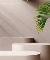 Wall Mural - Minimal modern product display on neutral beige background with podium with palm leaves, still life object placement 3d rendering