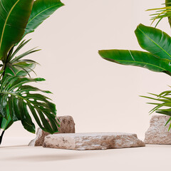 Wall Mural - Minimal modern product display on beige background with stone podium with palm leaves, 3d rendering