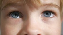 Close-up Child Blue Eyes Kid Boy Face. Pupil Cornea Iris Eyeball Eyelashes Eyebrows. 2x Slow Motion 60fps 4K