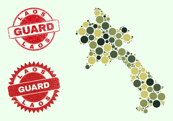 Wall Mural - Vector round items mosaic Laos map in khaki hues, and textured stamps for guard and military services. Round red stamps have phrase GUARD inside. Collage Laos map is constructed from camo round parts.