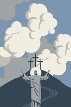Easter Banner With The Resurrected Jesus Christ With A Halo And Outstretched Arms On The Background Of A Hill With Three Crosses And Blue Sky With Clouds. Religious Vector Illustration