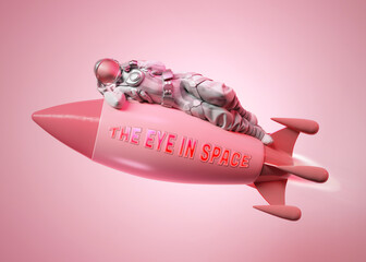 Wall Mural - astronaut lying on the rocket, written on the rocket, the eyes in space. pink background. 3d illustr
