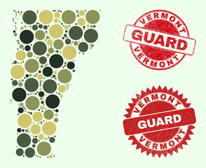 Wall Mural - Vector round parts collage Vermont State map in camo colors, and scratched stamp seals for guard and military services. Round red watermarks contain word GUARD inside.