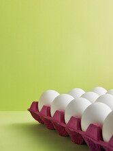 White Eggs In A Magenta Coloured Carton Against A Lime Green Background