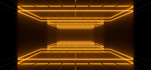 Wall Mural - sci fy neon lamps in a dark corridor. reflections on the floor and walls. 3d rendering image.