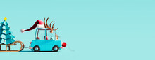 Cute Blue Car With Deer Antlers On The Roof Carrying Paper Christmas Tree On Blue Background 3D Rendering, 3D Illustration
