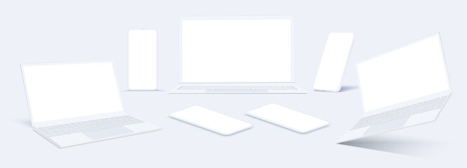 Leinwandbilder - The layout is a template for a mobile phone and a laptop. A white phone in the rotated position with a blank screen for design.
