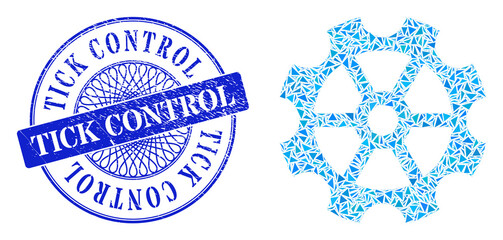 Wall Mural - Gear collage of triangle parts, and Tick Control unclean seal print. Blue seal has Tick Control title inside round shape. Vector gear collage is formed of randomized triangle parts.