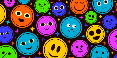 Aufkleber - Abstract Background with Different Doodle Happy Characters. Cool Trendy Character Emoticons. Cute Stickers. Hand drawn pins.
