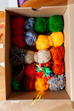 Colored Pompons And Wool Balls Box Top View