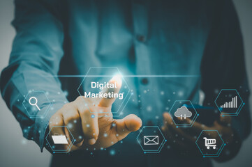 Man hand touching virtual icon business digital marketing. modern Internet technology metaverse, Social Networking, online marketing, digital online. Concept technology.