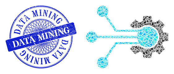 Wall Mural - Smart cog mosaic of triangle, and Data Mining grunge stamp seal. Blue stamp seal has Data Mining title inside circle form. Vector smart cog mosaic is organized from random triangle parts.