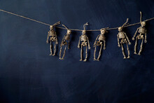 Small Skeletons In A Row Hanging On String