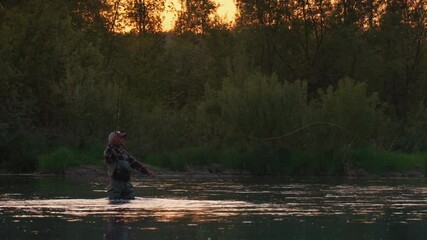 Wall Mural - Fly fishing. Man fly fishing on the wild river with lots of insects flying in the air