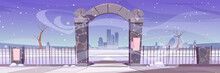 Winter Landscape With Stone Arch Entrance To Public Park Or Garden, Snow, Bare Trees And City Buildings On Skyline. Vector Cartoon Illustration Of Fence With Archway Portal And Snowfall