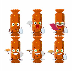 Canvas Print - happy orange long candy package waiter cartoon character holding a plate