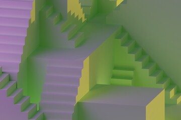 Wall Mural - Minimalistic abstract staircase and cube podium green purple background 3d illustration