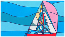 Abstract Sailboat With Red Hull And Pink  Spinnaker