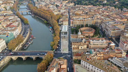 Wall Mural - Aerial drone photo of iconic Mausoleum of Augustus  - remains of Roman emperor's circular, raised tomb, originally a grand monument with a bronze statue, Rome historic centre, Italy