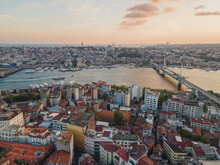 Istanbul, Turkey, Aerial View Of Golden Horn At Sunset