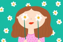 Woman With Daisies Flowers On Her Eyes