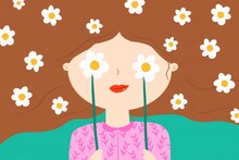 Woman With Daisies Flowers On Face In Spring