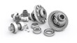 Disassembled differential with bearings and bolts lie on a white background. Repair and service. Sloped gear teeth. 3d render