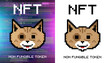 Crypto art NFT token. Non-fungible token. Cute cat face in Pixel style, isolated on white and glitch background. NFT token token in blockchain technology in digital crypto art. ERC20. Flat pixel cat.