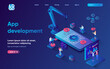 © alexdndz - App development concept isometric landing page. Team create and optimizes mobile application, interface building process 3d web banner template. Vector illustration with people scene in flat design
