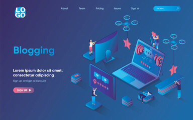 blogging concept isometric landing page. team create content for online blog, posting videos, collec