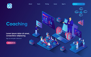 Aufkleber - Coaching concept isometric landing page. Team listen to coach at business training, professional development specialist, 3d web banner template. Vector illustration with people scene in flat design