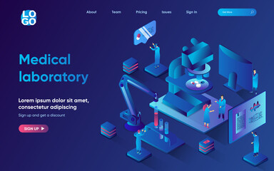 Aufkleber - Medical laboratory concept isometric landing page. Team of scientists develops medicines, does medical research in lab, 3d web banner template. Vector illustration with people scene in flat design
