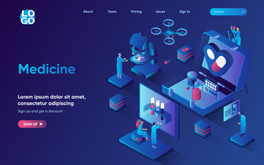 Wall Mural - Medicine concept isometric landing page. Scientists develops medicines, does research in lab, pharmacy industry, healthcare 3d web banner template. Vector illustration with people scene in flat design