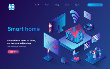 Fototapete - Smart home concept isometric landing page. Automation control and monitoring of sensors in house with app, security system, 3d web banner template. Vector illustration with people scene in flat design