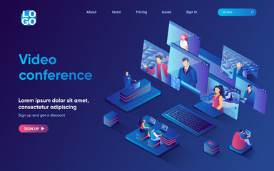 Wall Mural - Video conference concept isometric landing page. Colleagues discussing work tasks by video call with multiple screens, 3d web banner template. Vector illustration with people scene in flat design